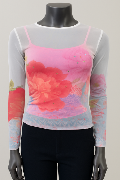 Printed Mesh T Shirt with Embelishment   Big Red print