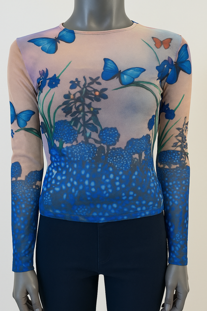 Printed Mesh T Shirt with Embelishment Butterflies print