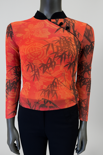 Printed Mesh T Shirt with Embelishment Chinese Collar