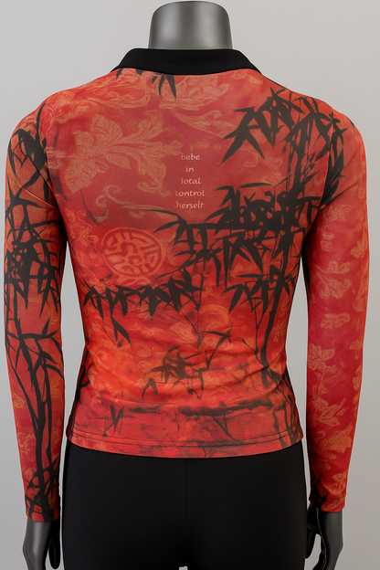 Printed Mesh T Shirt with Embelishment Chinese Collar