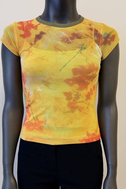Printed Mesh T Shirt with Embelishment  Dragon Fly Print