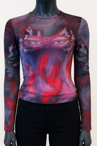 Printed Mesh T Shirt with Embelishment eye mask