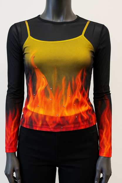 Printed Mesh T Shirt with Embelishment   Flames Print