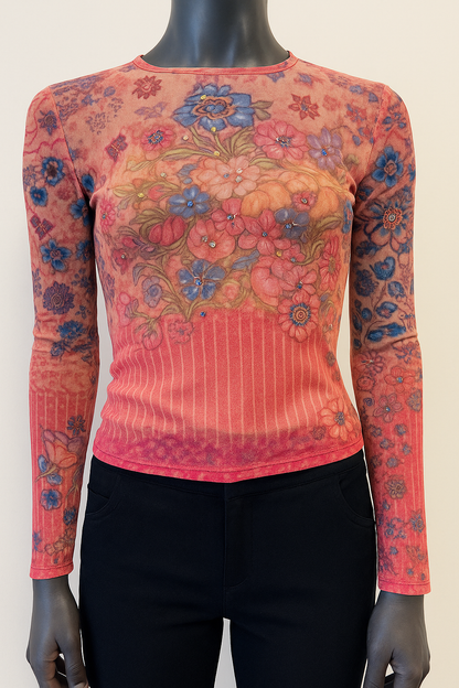 Printed Mesh T Shirt with Embelishment  Flower Patch Print