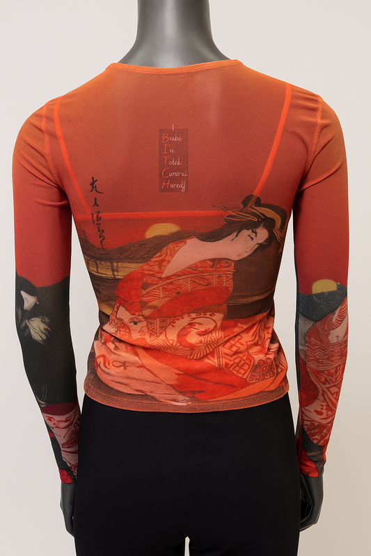 Printed Mesh T Shirt with Embelishment  Geisha print