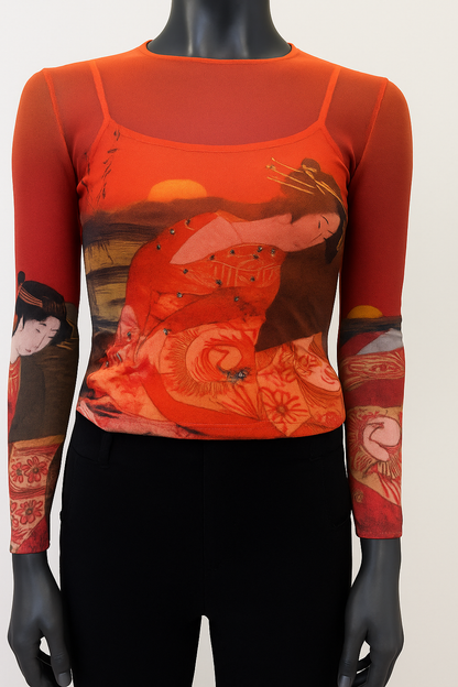Printed Mesh T Shirt with Embelishment  Geisha print