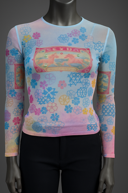 Printed Mesh T Shirt with Embelishment Hang Lee Print