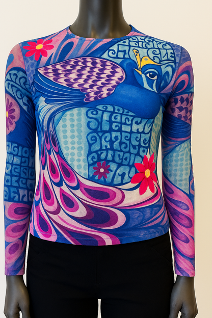 Printed T shirt with Mesh Sleeves with Embelishment Peacock Print