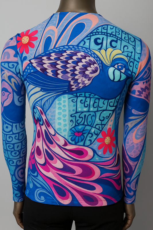 Printed T shirt with Mesh Sleeves with Embelishment Peacock Print