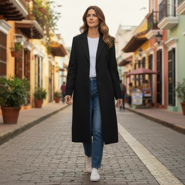 Black Pinstripe Coat  with Zipped Insert at the Back - Extravagance Fashion 