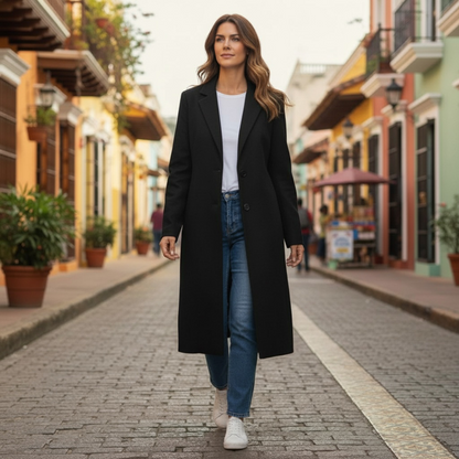 Black Pinstripe Coat  with Zipped Insert at the Back - Extravagance Fashion 