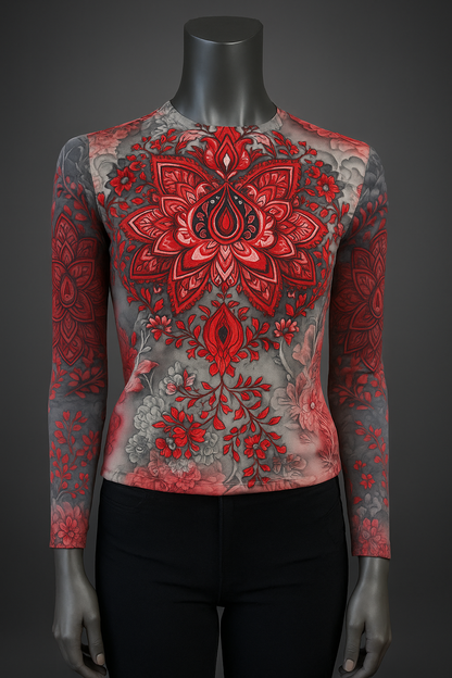 Printed T shirt with Mesh Sleeves with Embelishment Red Lily Print
