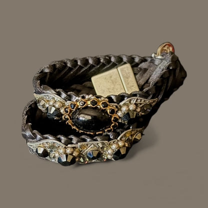 Wrap around Leather Bracelet with Coloured stone and rhinestones with magnetic clasp
