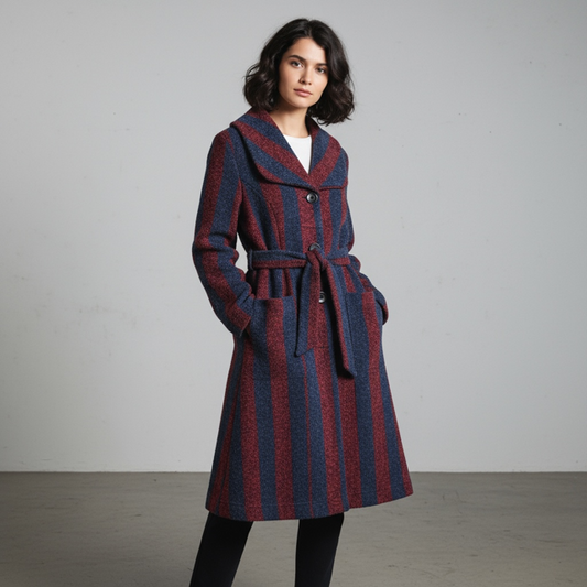 Coat with Bold Vertical Stripes in Deep Red and Navy Blue