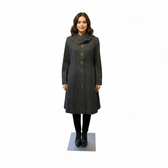 Stylish Long Denim Coat with Gold-Tone Button Detailing