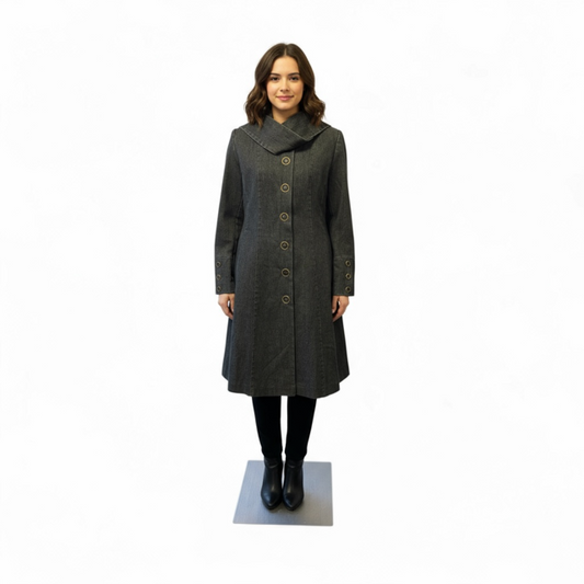 Stylish Long Denim Coat with Gold-Tone Button Detailing