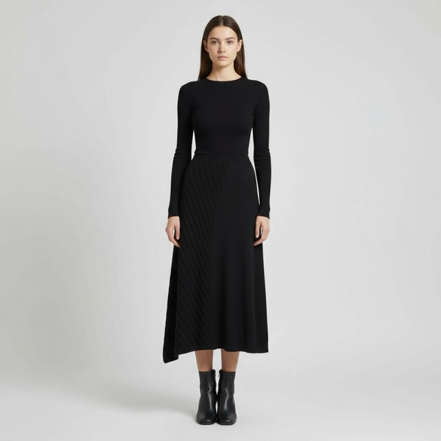 Women's Knitted Midi Skirt – Half Ribbed Design in Black Style Book 25 - Extravagance Fashion 