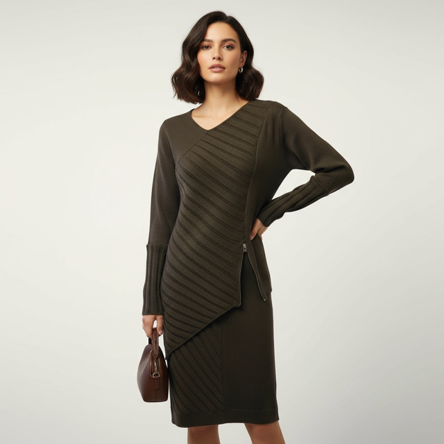 Women's Asymmetric Half-Ribbed Knit Sweater with Side Zip style Book 21