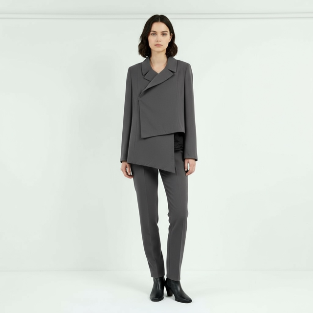 Model wearing asymmetric charcoal tailored jacket with layered front design