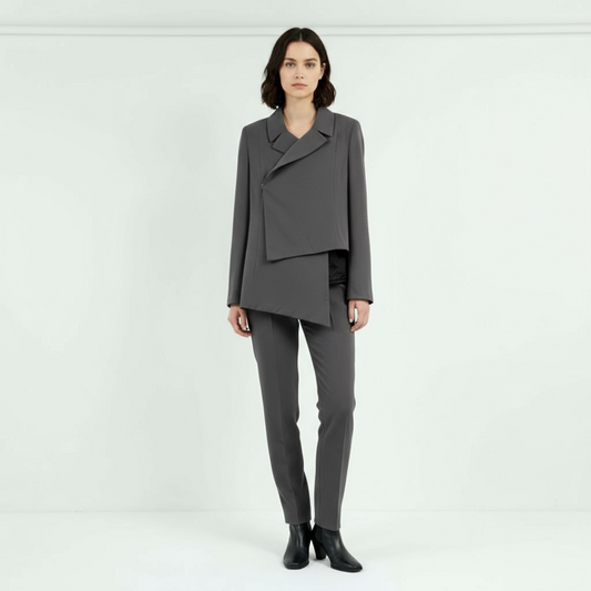 Model wearing asymmetric charcoal tailored jacket with layered front design