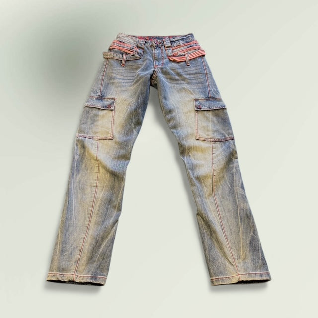 Women's Low-Rise Cargo Jeans with Contrast Stitching – Vintage Wash Style No.H069