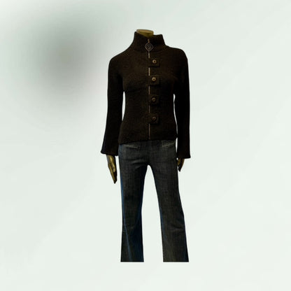 Black Textured Button-Up Cardigan with High Collar Ougarit -Lunatisme