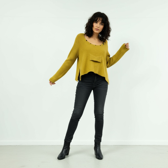 Beautiful Mustard Sweater with slits on the side and contrast knit on the neckline
