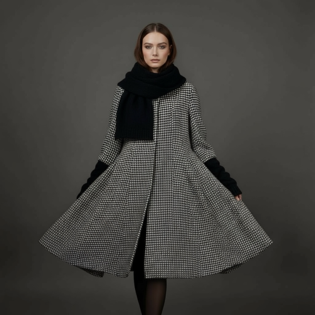 elegant houndstooth coat with long wrap scarf  brings timeless sophistication