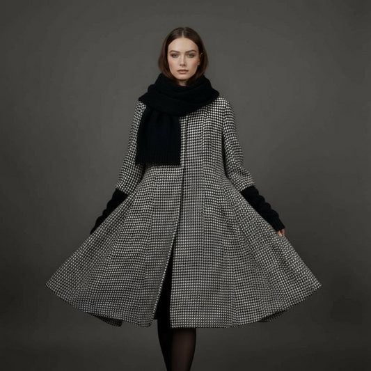 elegant houndstooth coat with long wrap scarf  brings timeless sophistication