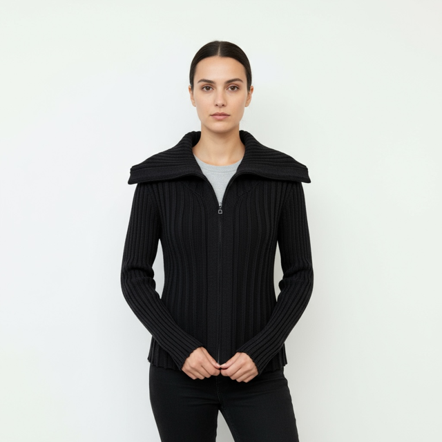 Model wearing the Ribbed Knit Zip Cardigan