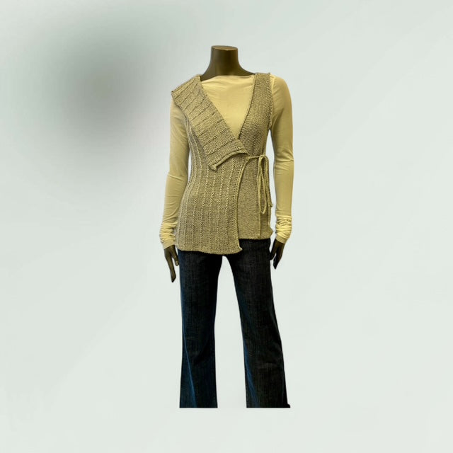 model wearing the Sarah Pacini knit gilet with ART jeans and Sarah pacini mesh top