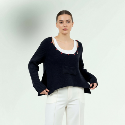 Beautiful Black sweater with side slits and contrast stitch on the neckline