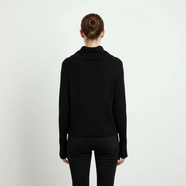 Showing the back of the Ribbed Knit Zip Cardigan