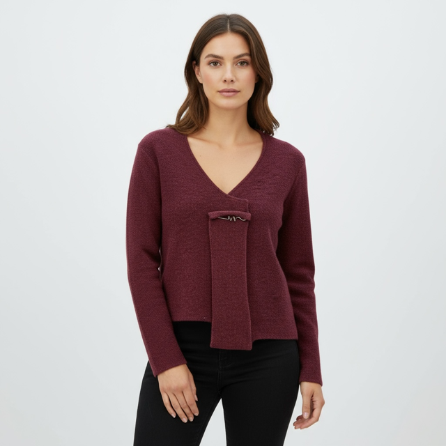 Contemporary Cardigan in Pum Colour with pin Brooch