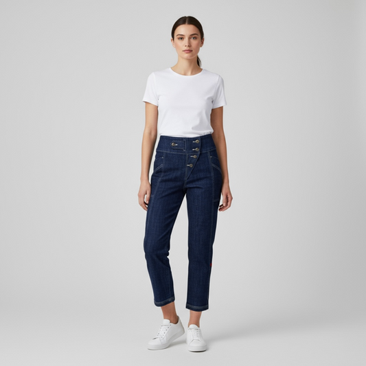 Asymmetrical Button-Front Cropped Denim Jeans