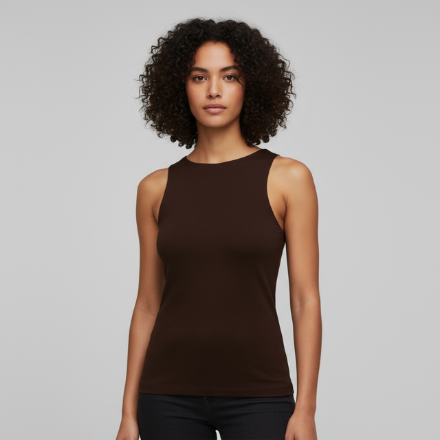 model wearing Double Layer Sleeveless Vest Top in plum colour