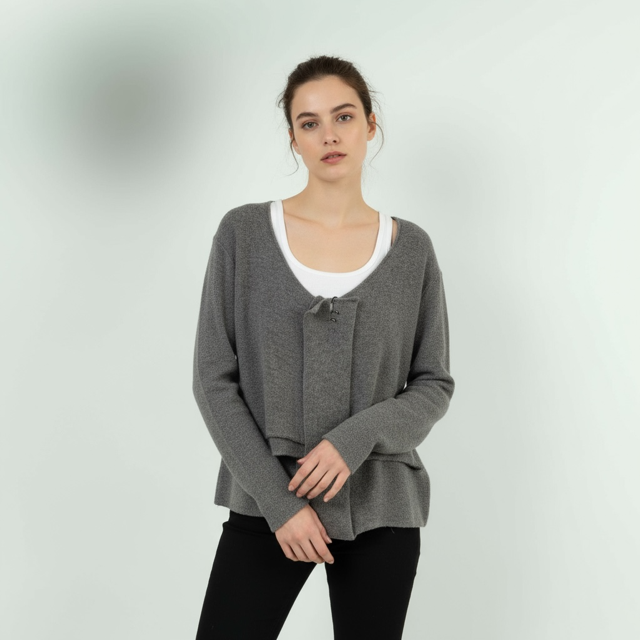 Contemporary Cardigan in Grey Colour with Pin Brooch