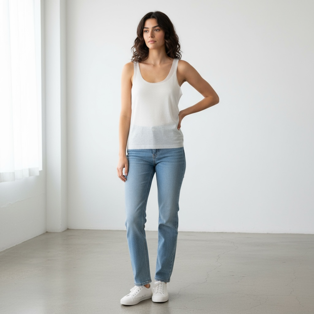 Woman wearing a white mesh  tank top and light blue jeans 
