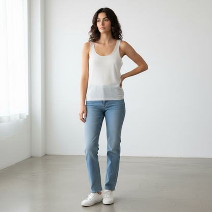 Woman wearing a white mesh  tank top and light blue jeans 