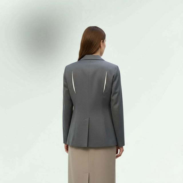 showing the back of the Asymmetric Charcoal Tailored Jacket