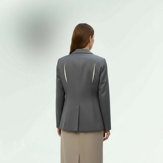 showing the back of the Asymmetric Charcoal Tailored Jacket