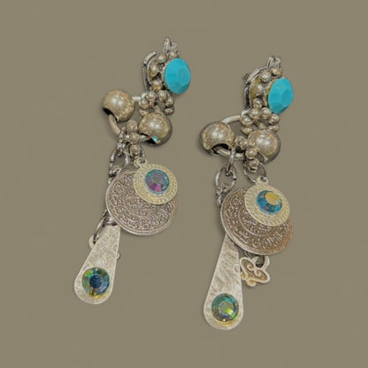 beautiful dangling piearces earrings with metail beads, selected charms and rhinestones