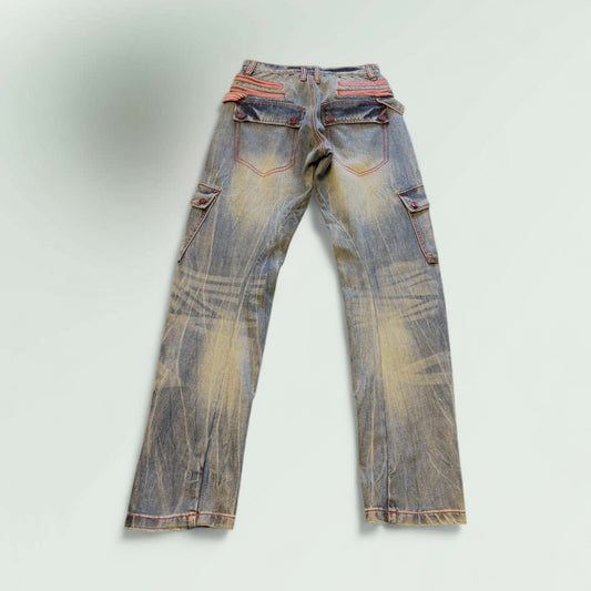 Women's Low-Rise Cargo Jeans with Contrast Stitching – Vintage Wash Style No.H069