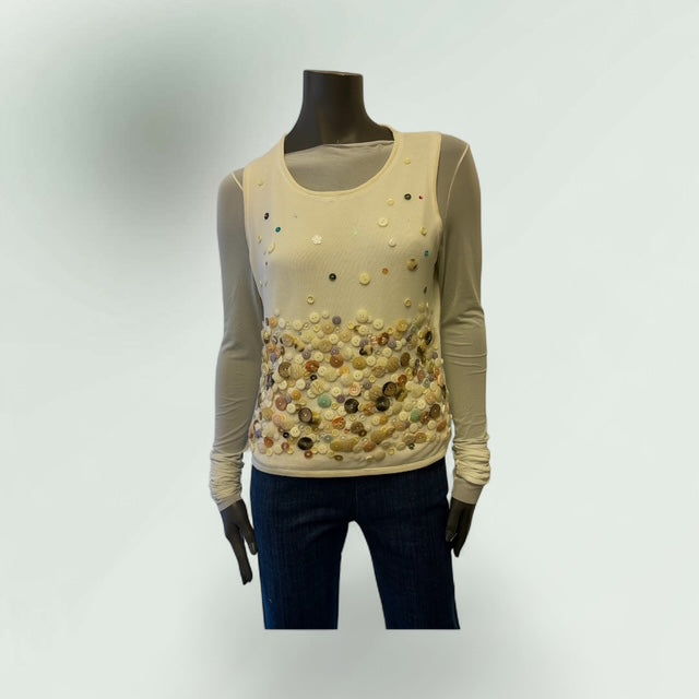 Front of the   Button Embellished Mesh Layered Top in off white