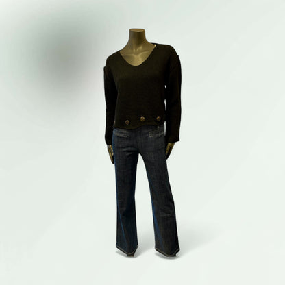 Black V-Neck Knit Sweater with Button Detail-Romulan- Lunatisme