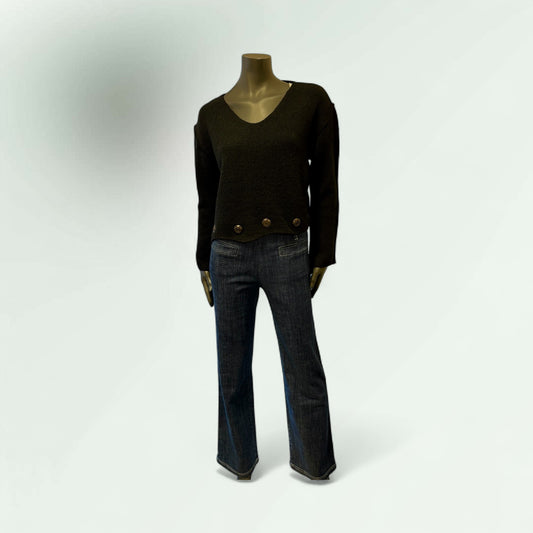 Black V-Neck Knit Sweater with Button Detail-Romulan- Lunatisme