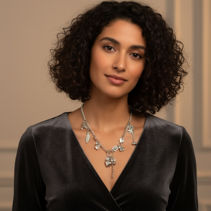 Sliver chain necklace featuering  unique assorted charms