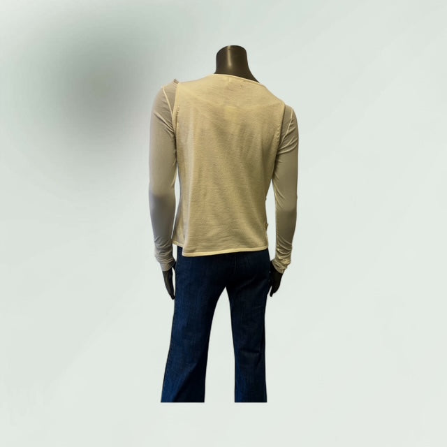 showing the back of the Button Embellised knit top in off white