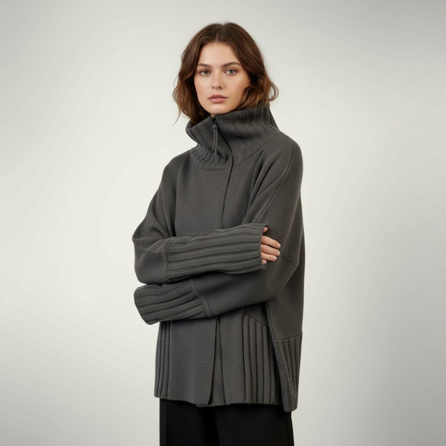 Women's Ribbed Funnel Neck Zip Cardigan –