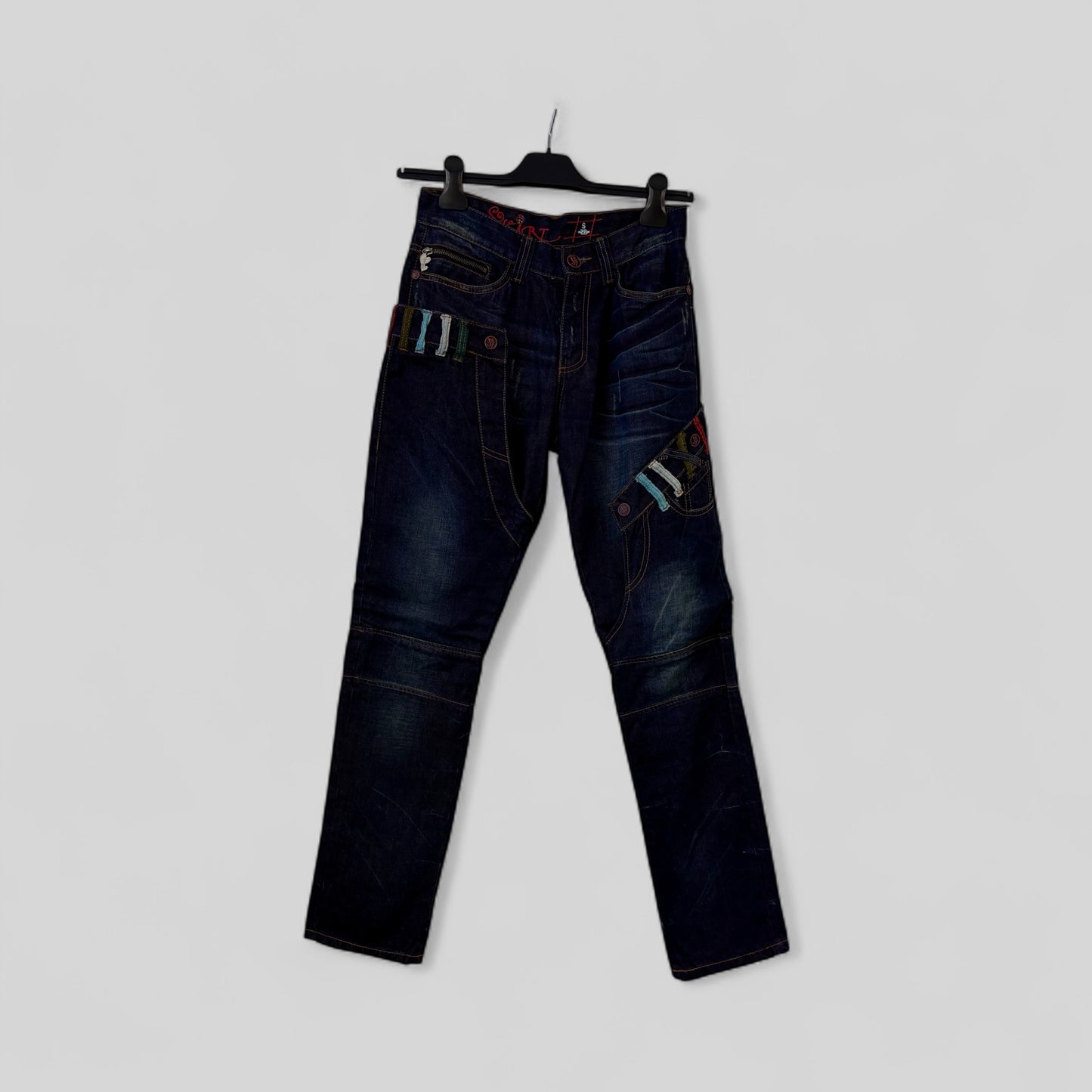 Dark Wash Denim Jeans with Contrast Stitching and Striped Detail